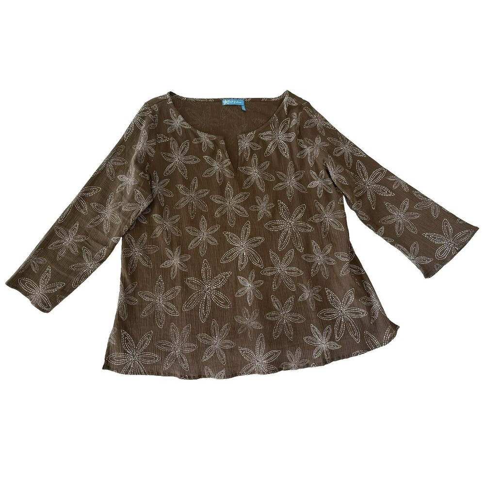 Fresh Produce Large Brown White Embroidered Floral Gauze Top Fall Vibes Tunic